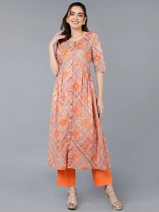 Cotton Orange Printed Flared Kurta Kurta