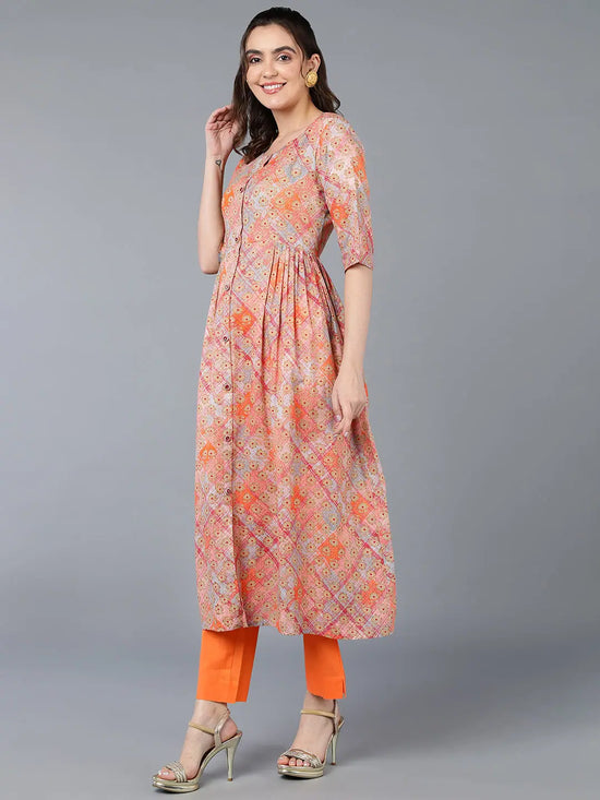 Cotton Orange Printed Flared Kurta Kurta