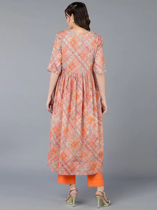 Cotton Orange Printed Flared Kurta Kurta