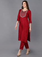 Silk Blend Wine Embrodiered Straight Kurta