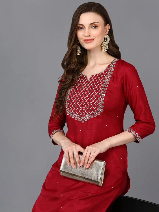 Silk Blend Wine Embrodiered Straight Kurta