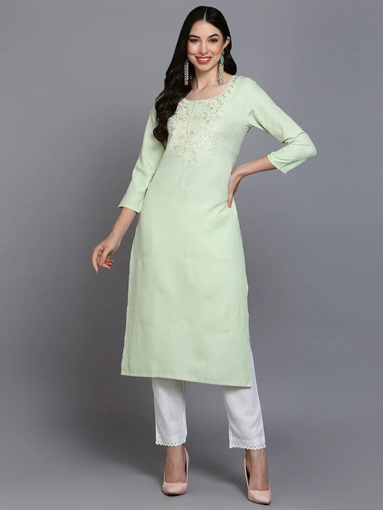 Cotton Blend Lime Green Embroidered Kurta