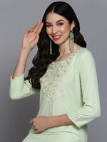 Cotton Blend Lime Green Embroidered Kurta