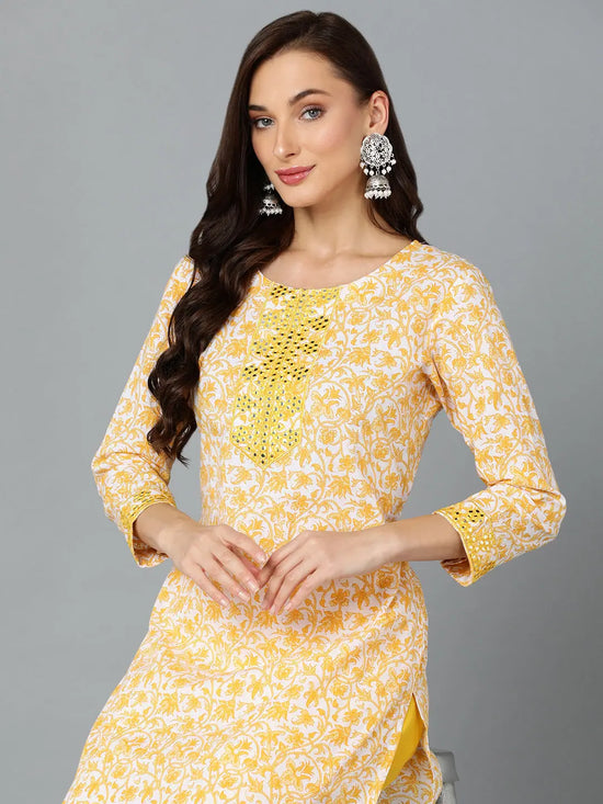 Cotton Chrome Yellow Printed Straight Kurta