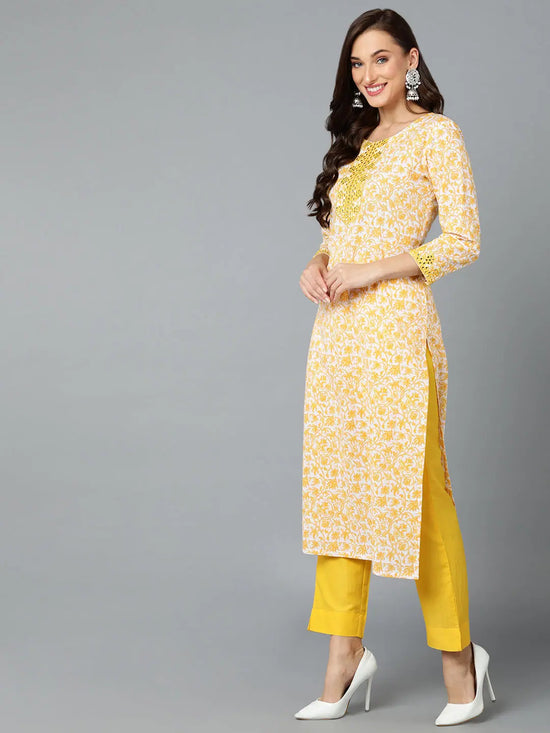 Cotton Chrome Yellow Printed Straight Kurta