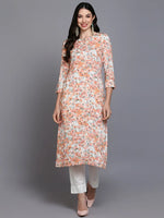 Silk Blend Peach Floral Printed Kurta-VCK9344_XS