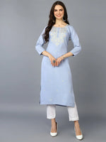 Cotton Blend Blue Embroidered Straight Kurta-VCK9358_XS