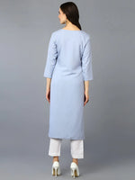 Cotton Blend Blue Embroidered Straight Kurta-VCK9358_XS