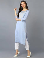 Cotton Blend Blue Embroidered Straight Kurta-VCK9358_XS