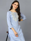 Cotton Blend Blue Embroidered Straight Kurta-VCK9358_XS