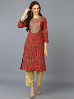 Red Silk Blended Ethnic Motifs Kurta