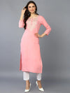 Cotton Blend Pink Embroidered Straight Kurta-VCK9361_XS