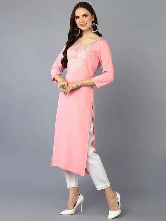 Cotton Blend Pink Embroidered Straight Kurta-VCK9361_XS