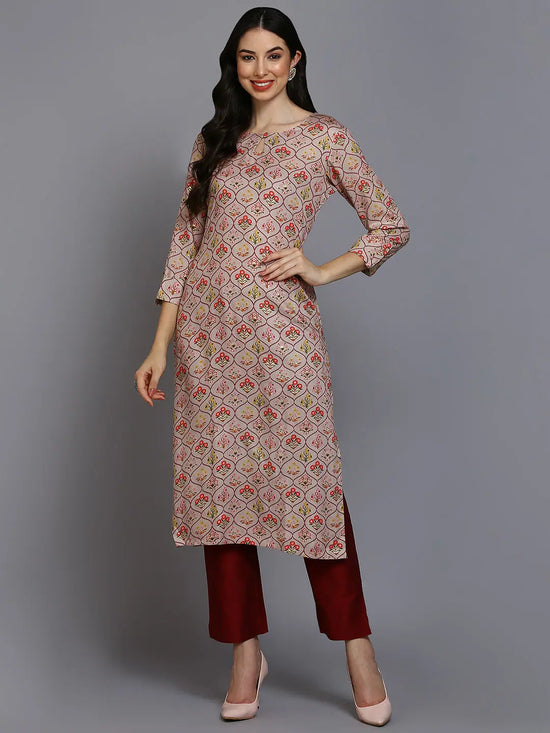 Viscose Rayon Cream Printed Straight Kurta-VCK9372_XS