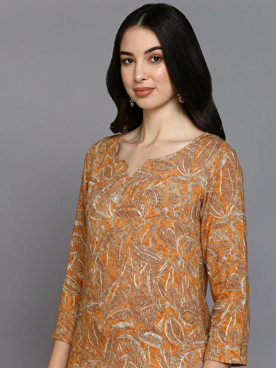 Viscose Rayon Orange Printed Straight Kurta