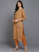 Viscose Rayon Orange Printed Straight Kurta