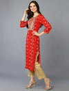 Viscose Rayon Red Embroidered Straight Kurta