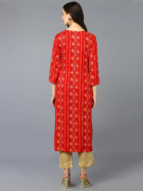 Viscose Rayon Red Embroidered Straight Kurta