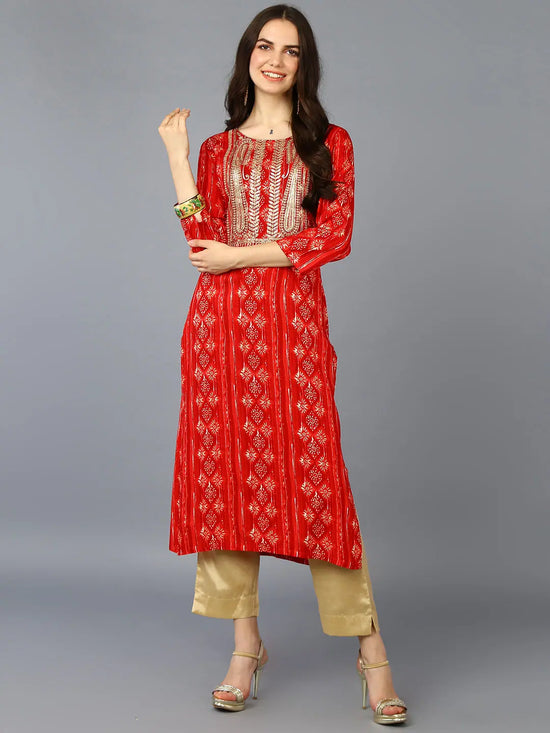 Viscose Rayon Red Embroidered Straight Kurta