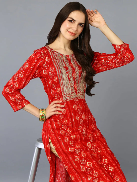 Viscose Rayon Red Embroidered Straight Kurta