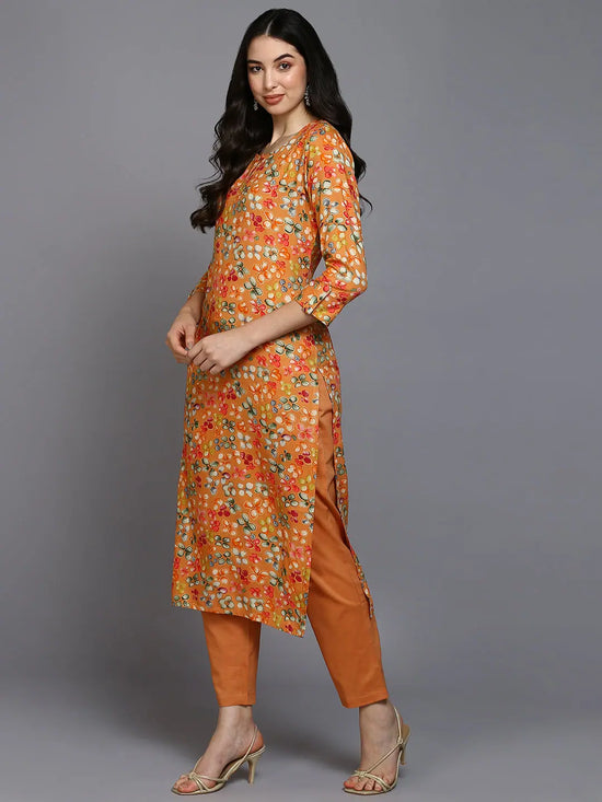 Viscose Rayon Orange Floral Printed Kurta-VCK9374_XS