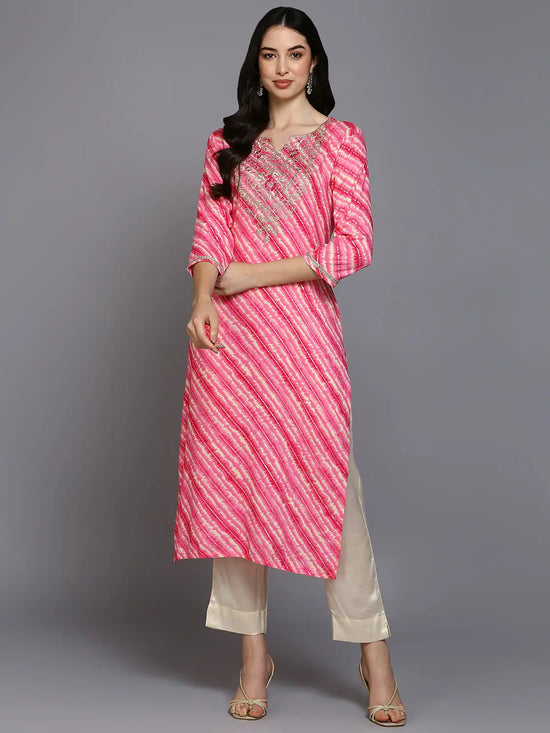 Viscose Rayon Pink Leheriya Printed Kurta