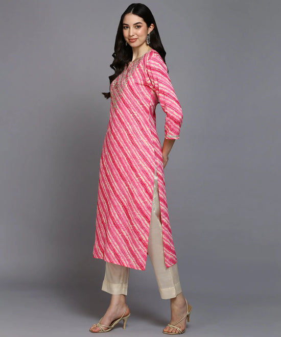 Viscose Rayon Pink Leheriya Printed Kurta