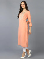 Cotton Blend Peach Embroidered Straight Kurta