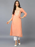 Cotton Blend Peach Embroidered Straight Kurta