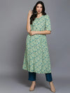 Cotton Pista Floral Printed Flared Kurta