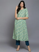 Cotton Pista Floral Printed Flared Kurta