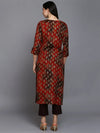 Silk Blend Red Printed Straight Kurta