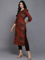 Silk Blend Red Printed Straight Kurta