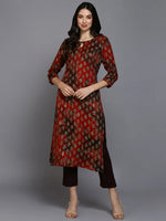 Silk Blend Red Printed Straight Kurta