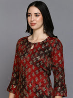 Silk Blend Red Printed Straight Kurta