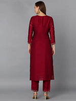 Silk Blend Wine Embroidered Straight Kurta