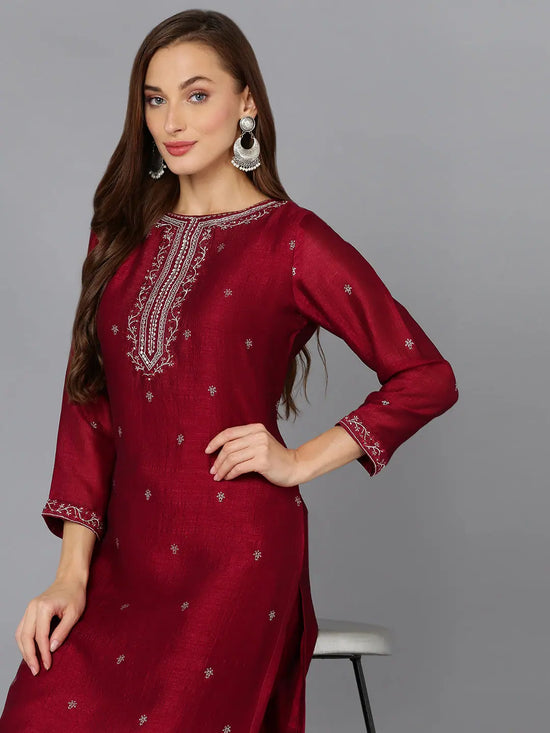 Silk Blend Wine Embroidered Straight Kurta