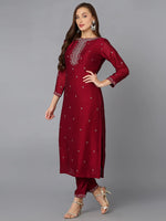 Silk Blend Wine Embroidered Straight Kurta