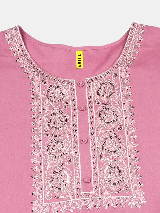 Rayon Pink Embroidered Straight Kurta Kurta