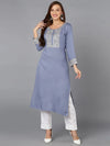 Viscose Rayon Blue Pottery Embroidered Kurta