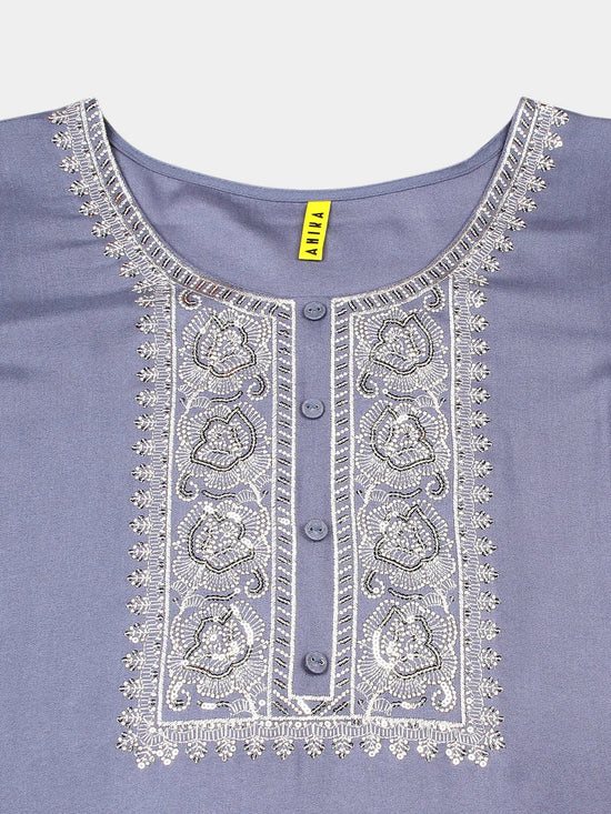 Viscose Rayon Blue Pottery Embroidered Kurta