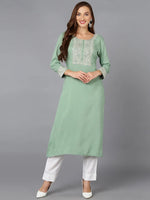 Viscose Rayon Sea Green Embroidered Kurta