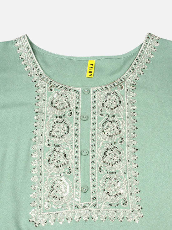 Viscose Rayon Sea Green Embroidered Kurta