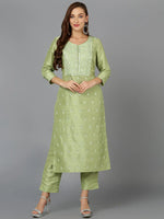 Silk Blend Tea Green Embroidered Kurta