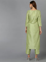 Silk Blend Tea Green Embroidered Kurta