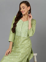 Silk Blend Tea Green Embroidered Kurta