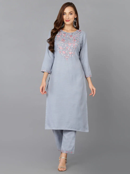 Cotton Blend Blue Embroidered Straight Kurta-VCK9212_XS