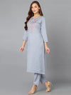 Cotton Blend Blue Embroidered Straight Kurta-VCK9212_XS