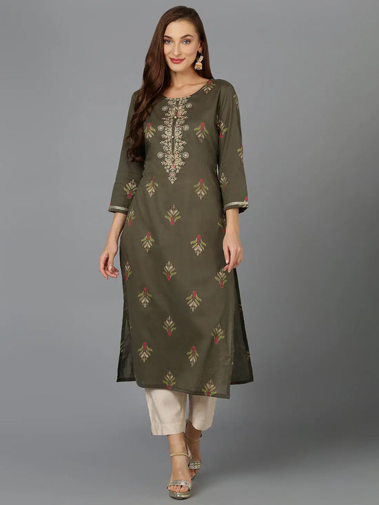 Cotton Pine Green Embroidered Straight Kurta