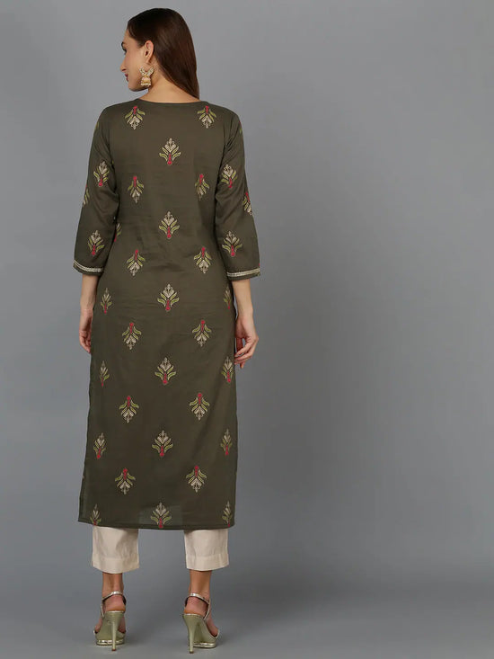 Cotton Pine Green Embroidered Straight Kurta